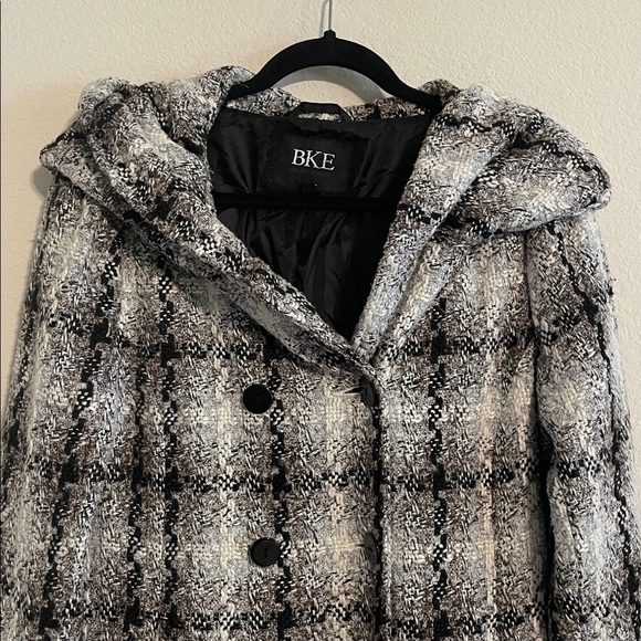 BKE Women Black and White Hooded Checkered Tweed Belted Pea Coat LRG Y2K Preppy - Picture 3 of 16